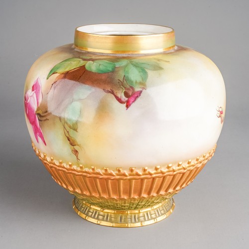 350 - Worcester  porcelain jar, hand painted with cabbage roses in pink and yellow, signed A. Chidley (mis... 