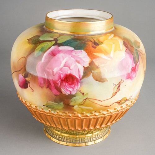 350 - Worcester  porcelain jar, hand painted with cabbage roses in pink and yellow, signed A. Chidley (mis... 