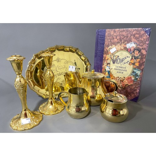 231 - A pair of gilt metal candlesticks and a gilt metal tea set with matching Happy Anniversary tray and ... 