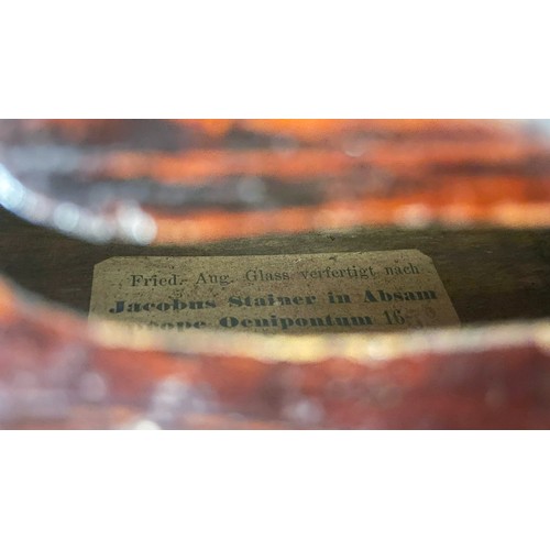 357 - Antique violin, internal paper label reads “Fried. Aug. Glass Verferdigt Nach Jacobus Stainer in Abs... 