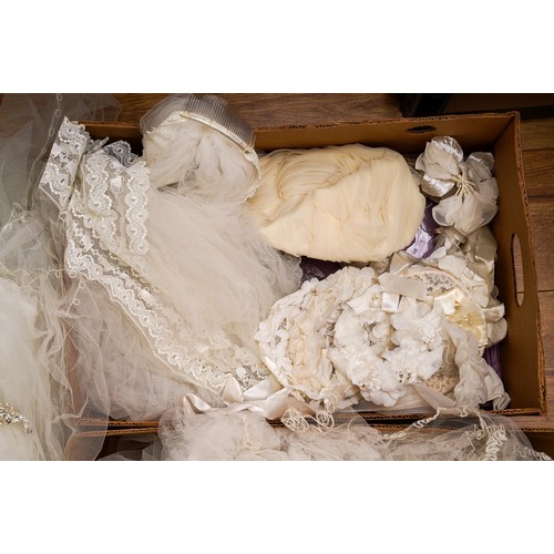 192 - A 1960s full lace ankle length small size wedding dress, full skirt with tulle together a box of sho... 