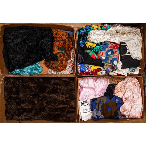 196 - Assorted vintage clothes including fur jackets, dresses, Oriental jackets etc (4 boxes)