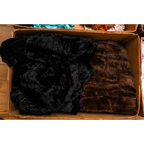 196 - Assorted vintage clothes including fur jackets, dresses, Oriental jackets etc (4 boxes)