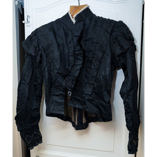 200 - A collection of five late Victorian/Edwardian black bodice jackets, three silk and two wool; two hig... 