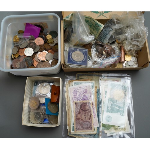 90 - Two boxes of assorted coins to include British and Continental coins and bank notes, some pre 1947 h... 