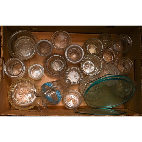 120 - A large collection of assorted glass to include condiment jars, chandelier / oil lamp parts, glass o... 