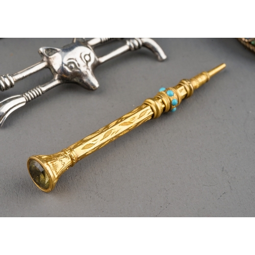 1 - A yellow gold propelling pencil, set with cabochon stones, set with green paste terminal, approx 5cm... 