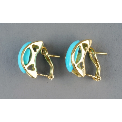 4 - A pair of Italian 18k yellow gold and turquoise earrings, set with oval cabochon turquoise, post and... 