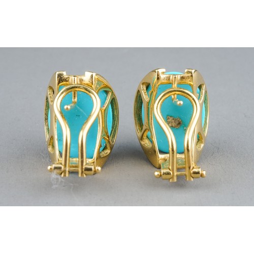 4 - A pair of Italian 18k yellow gold and turquoise earrings, set with oval cabochon turquoise, post and... 