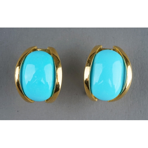 4 - A pair of Italian 18k yellow gold and turquoise earrings, set with oval cabochon turquoise, post and... 