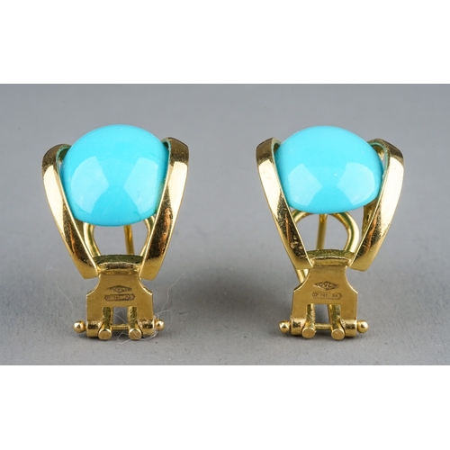 4 - A pair of Italian 18k yellow gold and turquoise earrings, set with oval cabochon turquoise, post and... 