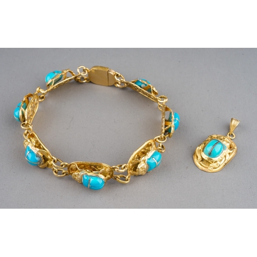 5 - An Egyptian yellow gold bracelet, with seven scarab beetle links set with turquoise glass, approx 18... 