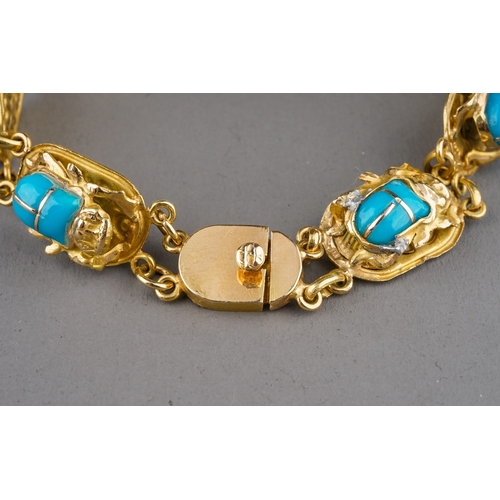 5 - An Egyptian yellow gold bracelet, with seven scarab beetle links set with turquoise glass, approx 18... 