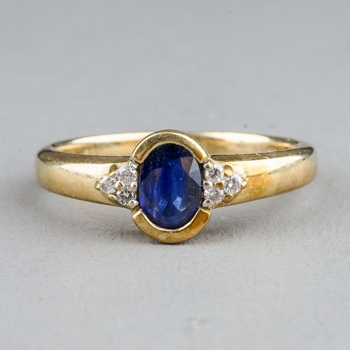 11 - A 9ct yellow gold synthetic sapphire and diamond dress ring, size M, total gross weight approx 2.2g