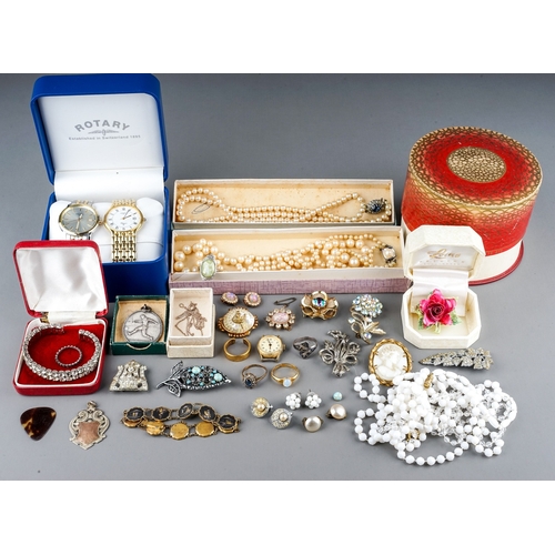 12 - A collection of costume, including brooches, earrings, faux pearls, Art Deco, football medals, marca... 