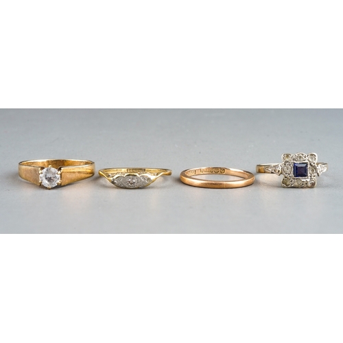 13 - An Edwardian 18ct yellow gold and diamond chip ring, approx 1.7g (af); three 9ct gold rings, two set... 