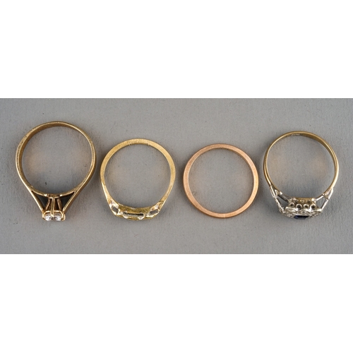 13 - An Edwardian 18ct yellow gold and diamond chip ring, approx 1.7g (af); three 9ct gold rings, two set... 