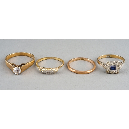 13 - An Edwardian 18ct yellow gold and diamond chip ring, approx 1.7g (af); three 9ct gold rings, two set... 