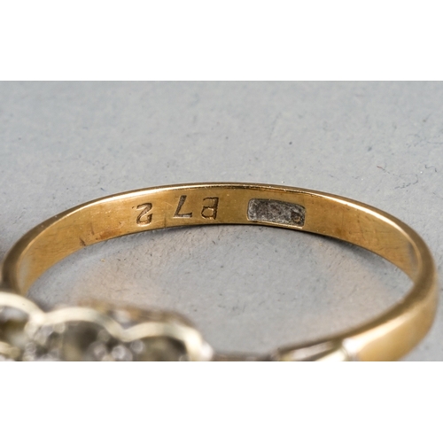 13 - An Edwardian 18ct yellow gold and diamond chip ring, approx 1.7g (af); three 9ct gold rings, two set... 