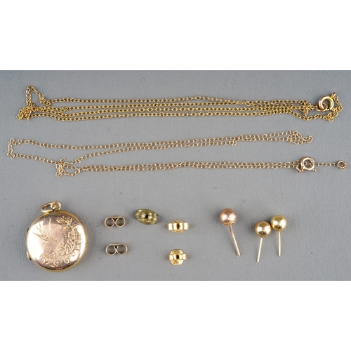 15 - Two 9ct yellow gold find chains, and a single 9ct gold stud earring, gross weight 2g; a 9ct back and... 