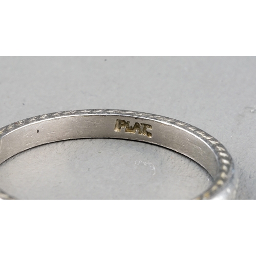 16 - A platinum band, engraved detail, size M, gross weight approx 3.6g; together with a white metal ring... 