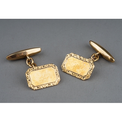 28 - A pair of 9ct yellow gold cufflinks, canted rectangular with chased border, hallmarked Birmingham 19... 