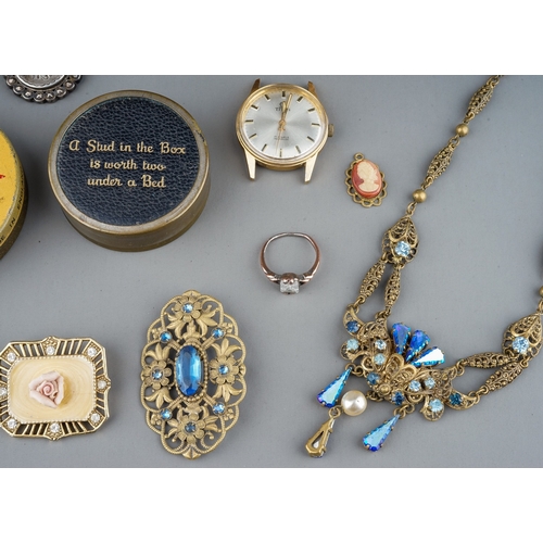 35 - Costume jewellery, including a Mexican silver and reconstituted turquoise brooch; a pair of white me... 