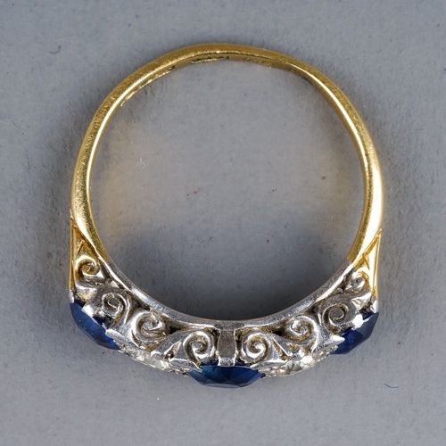 36 - An early 20th century 18ct yellow gold sapphire and diamond ring, set with three round-cut sapphires... 