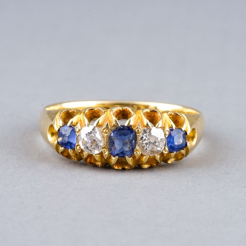 37 - A Victorian 18ct yellow gold sapphire and diamond five-stone ring, size M1/2, Chester 1881, gross we... 