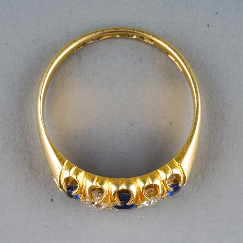 37 - A Victorian 18ct yellow gold sapphire and diamond five-stone ring, size M1/2, Chester 1881, gross we... 