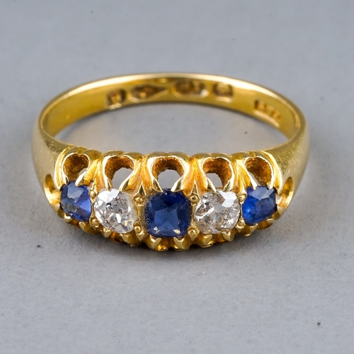 37 - A Victorian 18ct yellow gold sapphire and diamond five-stone ring, size M1/2, Chester 1881, gross we... 