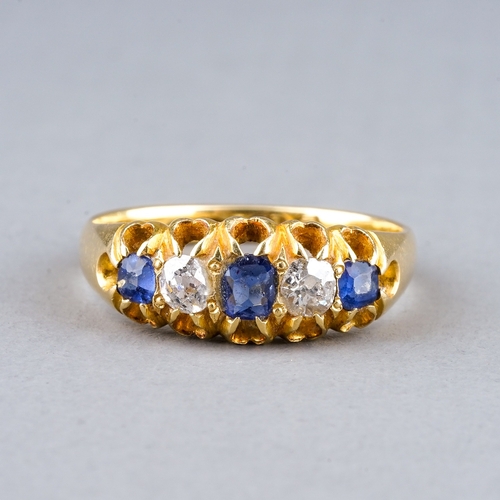 37 - A Victorian 18ct yellow gold sapphire and diamond five-stone ring, size M1/2, Chester 1881, gross we... 