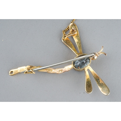 38 - An early 20th century yellow gold and blue stone dragonfly brooch, set with an oval-cut aquamarine, ... 