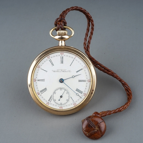 40 - A Waltham Watch Co gold-plated open faced pocket watch, 43mm white enamel dial, 50mm case, Roman num... 