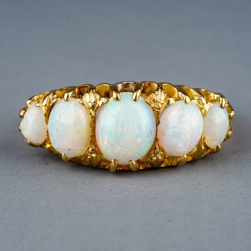 44 - A Victorian 18ct yellow gold and opal five-stone ring, set with five graduated oval cabochon opals, ... 