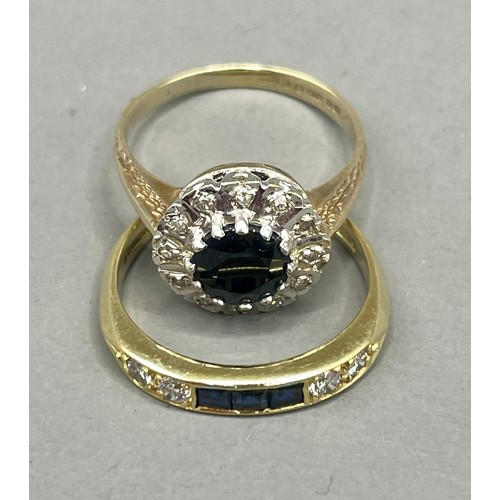 61 - An 18ct yellow gold sapphire and diamond ring, set with three calibre-cut diamonds and four round br... 