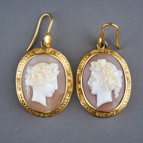 64 - A pair of 19th century yellow gold and cameo earrings, set with shell cameos carved depicting classi... 