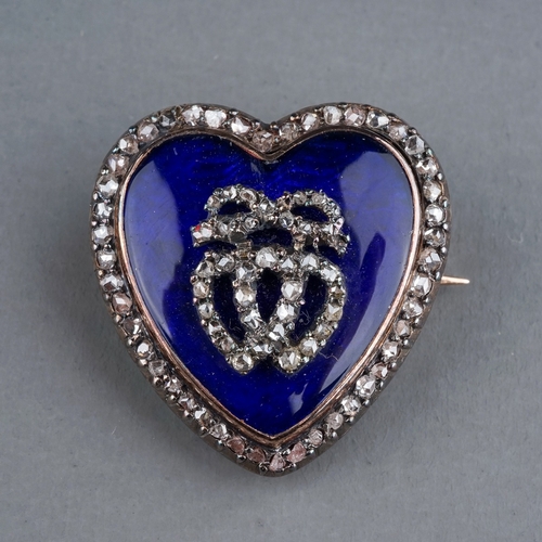 A late 19th century diamond and enamel heart shaped brooch/pendant, the blue enamel heart set with two rose cut diamond entwined hearts below a bow, diamond set border, the yellow metal reverse with brooch pin and pendant loop, unmarked, approx 22mm wide, gross weight approx 8.3g