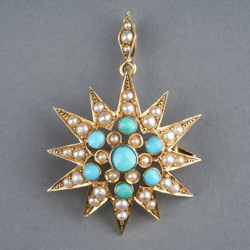 68 - A Victorian yellow gold turquoise and pearl star brooch/pendant, hinged pin and pendant loop, approx... 