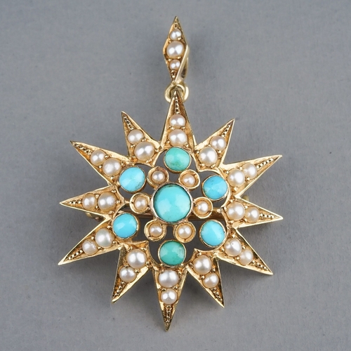 68 - A Victorian yellow gold turquoise and pearl star brooch/pendant, hinged pin and pendant loop, approx... 