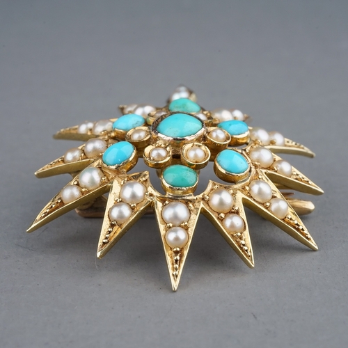 68 - A Victorian yellow gold turquoise and pearl star brooch/pendant, hinged pin and pendant loop, approx... 