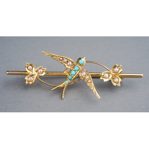 68 - A Victorian yellow gold turquoise and pearl star brooch/pendant, hinged pin and pendant loop, approx... 