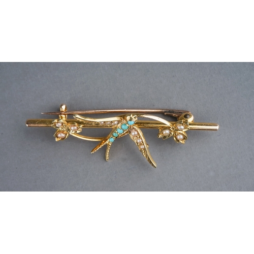 68 - A Victorian yellow gold turquoise and pearl star brooch/pendant, hinged pin and pendant loop, approx... 