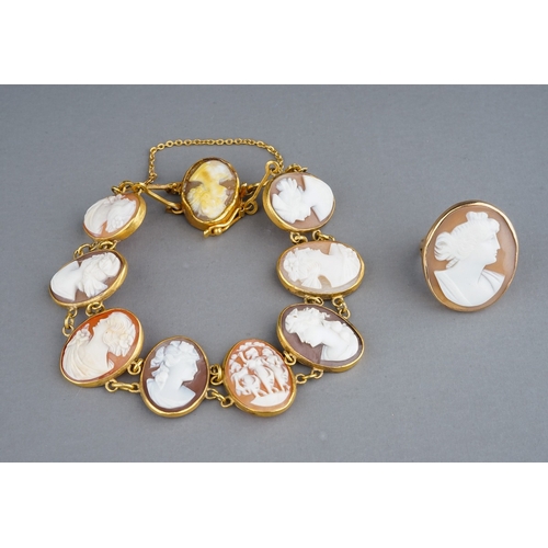 72 - A late 19th/early 20th century yellow gold cameo bracelet, set with nine oval cameos, link spacers, ... 