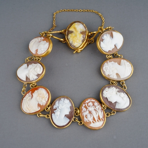 72 - A late 19th/early 20th century yellow gold cameo bracelet, set with nine oval cameos, link spacers, ... 