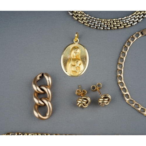 77 - An 18ct gold St Christopher pendant, approx 3.1g; a collection of 9ct gold jewellery including chain... 