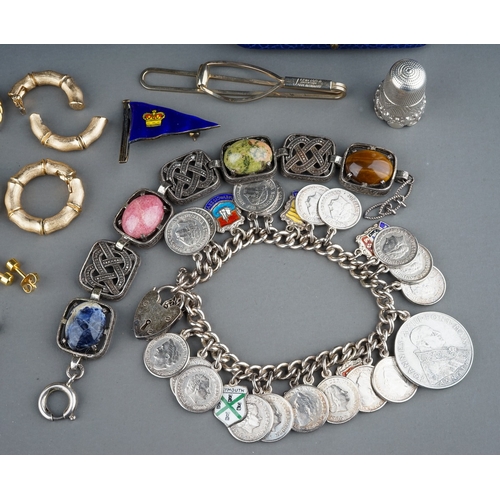 78 - Costume jewellery, including a white metal Scottish style bracelet set with hardstones, stamped 'Mir... 