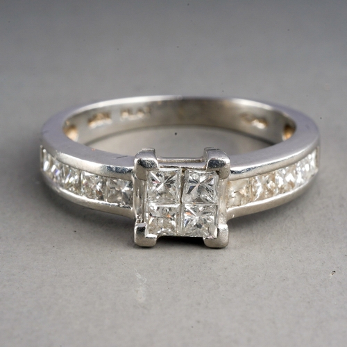 83 - A platinum and diamond ring, set with four princess-cut diamonds in a square settings, set with ten ... 