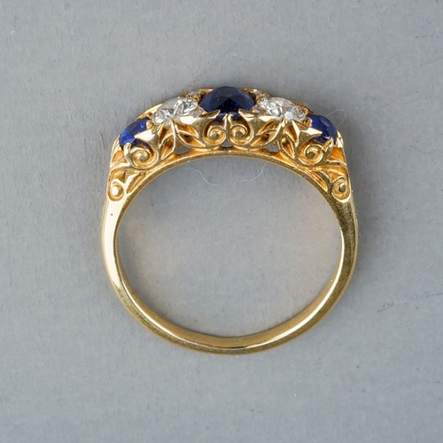 85 - An Edwardian yellow gold sapphire and diamond five-stone ring, size L, unmarked assessed as approx 1... 