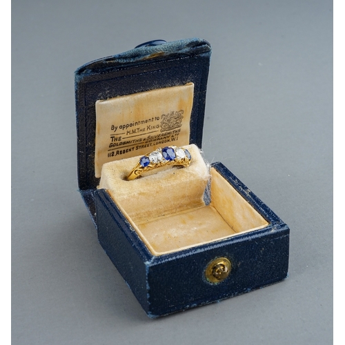 85 - An Edwardian yellow gold sapphire and diamond five-stone ring, size L, unmarked assessed as approx 1... 